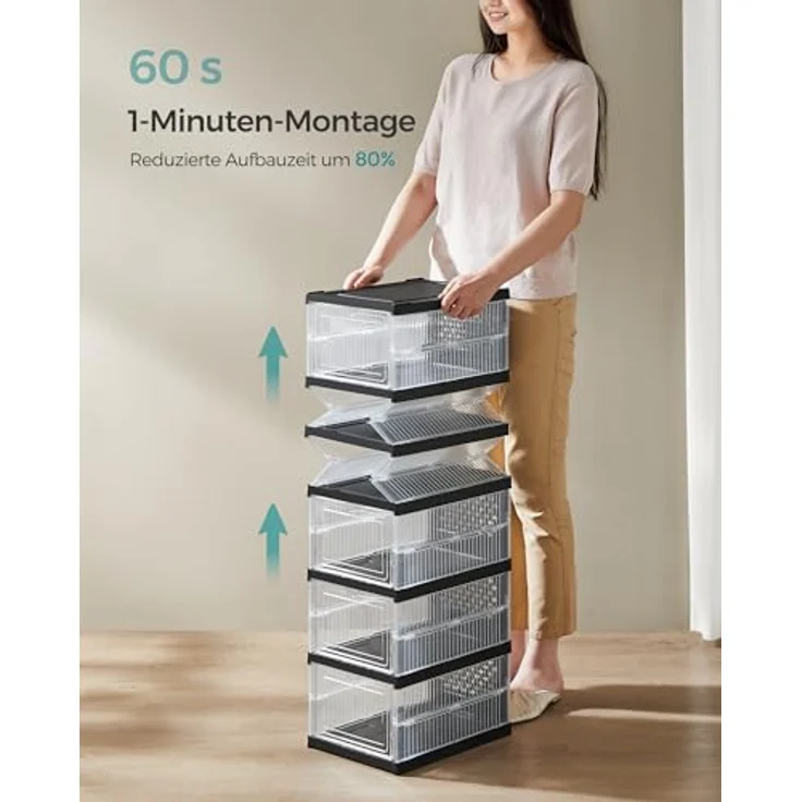 SONGMICS Schuhschrank, mit 6 Schuhboxen, integrierter Schuh-Organizer, faltbar, tragbar, für Schuhe bis Größe 46, 1-Min-Montage, transparent-tintenschwarz LSP205B01 – Bild 5