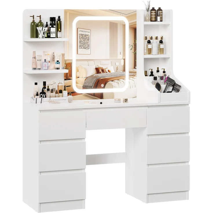 Devoko Schminktisch mit LED-Spiegel, Schubladen, Ablagefächer, Touch-Bedienung, Holzwerkstoff / Glas, Weiß, 110 x 50 x 140 cm – Bild 3