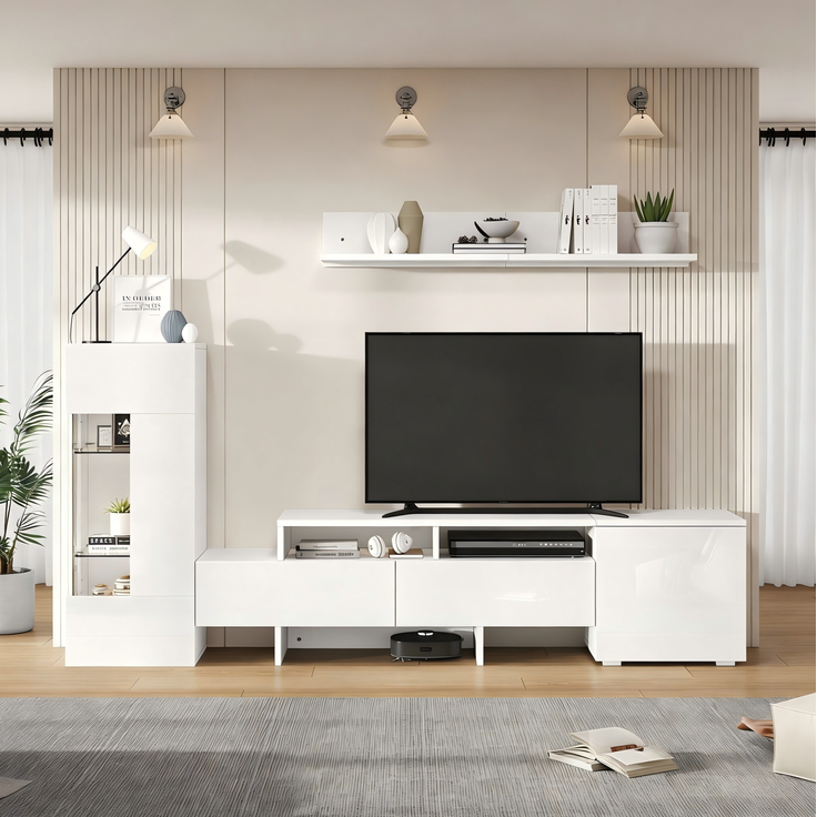DESVIAE TV-Schrank-Set 3-tlg. mit LED-Beleuchtung 170x35x45 cm Spanplatte Weiß – Bild 2