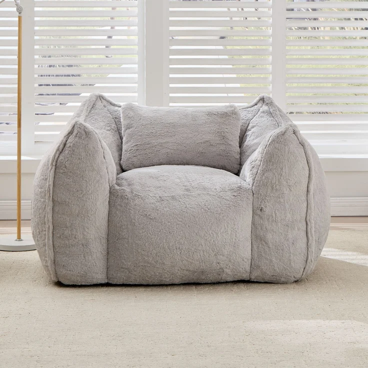 Riesiger Sitzsack mit Kissen, bequeme große Sitzsäcke für Erwachsene und Kinder, Kunstfell-Bodensofa für Wohnzimmer, Schlafzimmer und Wohnung, Grau – Herde – 123 x 97 x 73 cm – YOUDENOVA – Bild 2