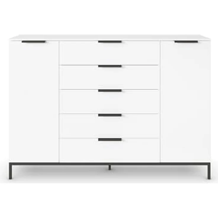 Rauch Möbel Flipp, Kombikommode, Kommode mit Stauraum für Wohnzimmer, Schlafzimmer, Flur, 4 Fachböden, mit Metallkufe graphit, Alpinweiß, 2-türig, 5 Schubkästen, Griffe graphit, 160 x 111 x 42 cm – Bild 5