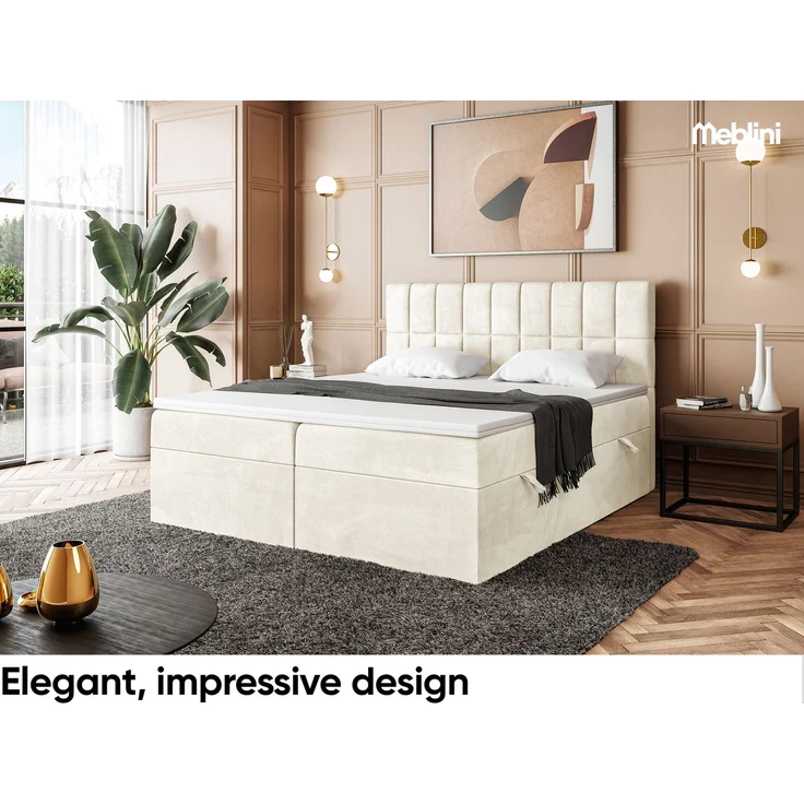 MEBLINI Boxspringbett LUKAS 200x200cm - H3/Creme Samt - mit Bettkasten - Polsterbett - Doppelbett mit Topper & Taschenfederkern-Matratze – Bild 3