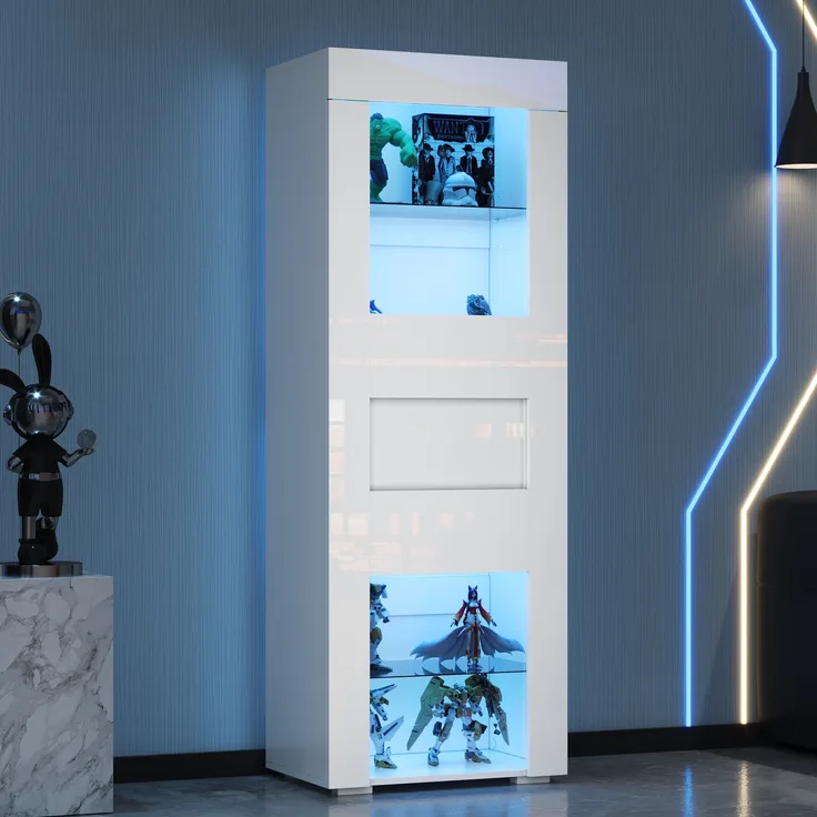 Merax 170cm Vitrine aus Schranktür aus Acryl, Vitrine Hochglanz Lagerschrank mit LED-Beleuchtung, 2 Glasboden, Highboard, Wohnzimmerschrank, Aufbewahrungsschrank, Hochschrank, Sofaschrank, Weiß