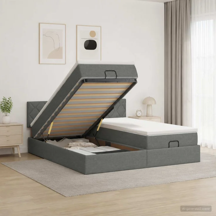vidaXL Ottoman Bett mit Matratze mit Kopfteil 2 Stk. Dunkelgrau Stoff 3456720 – Bild 1
