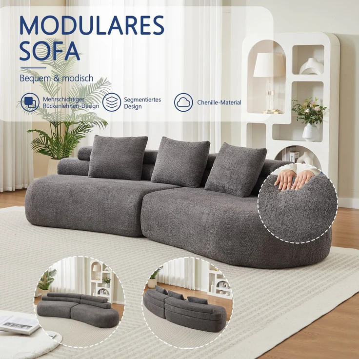 EINHOM Modulares Chenille Sofa im gebogenen Cashew-Design (Halbmondförmig), Vollständig abgerundetes 3-teiliges Polster-Sofa ohne harte Kanten, Anthrazitgraues modulares Couch-Set für Wohnzimmer & Kinderzimm – Bild 6