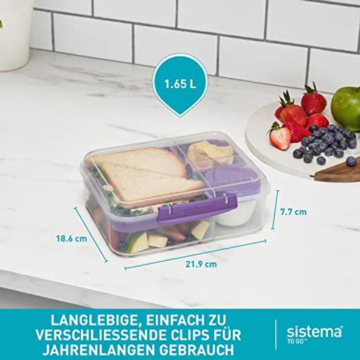 Sistema Bento Box TO GO Brotdose mit Fächern | 1,65 L Lunchbox mit Joghurt- /Fruchtbehälter | Lunchbox Kinder & Erwachsene | Lila – Bild 6