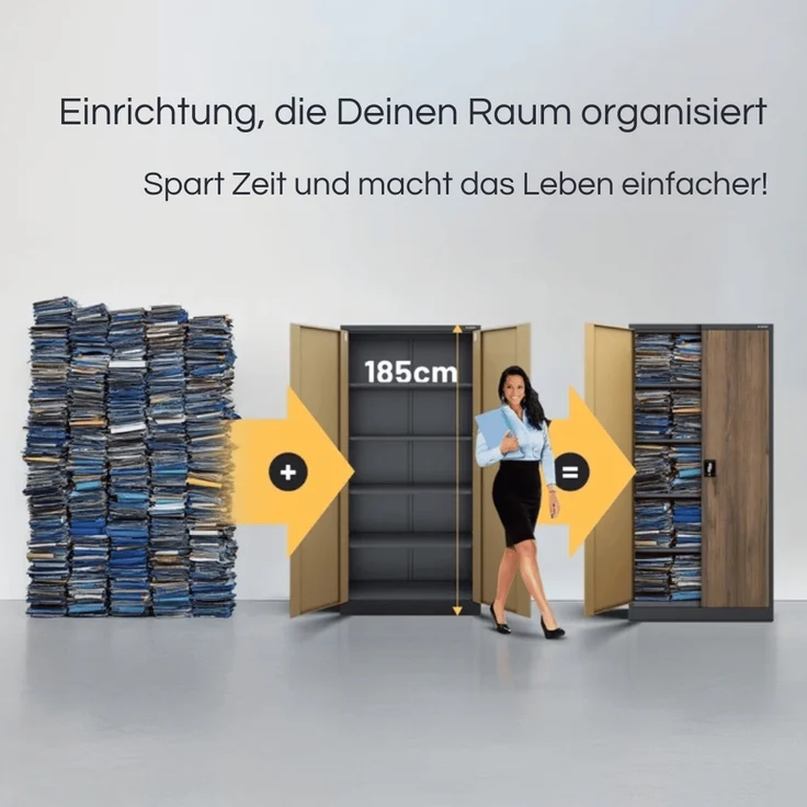 Aktenschrank abschließbar KADO - 5 Ebenen verstellbar, Flügeltüren | Metallschrank Werkstatt Mehrzweckschrank Büroschrank aus Stahl Werkzeugschrank, 185x90x40cm Anthrazit-Nussbaum – Bild 3