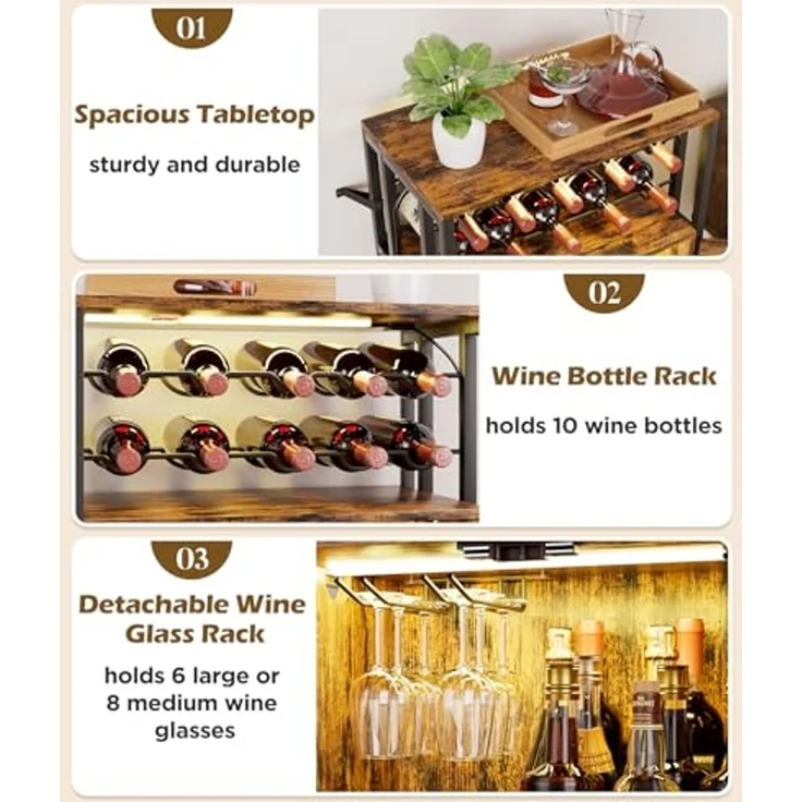 Yorbay Weinschrank Vintage mit LED Beleuchtung, Abnehmbares Weinregal für 10 Flaschen (6 Gläser Halter, Küchenschrank Sideboard 60x24x80cm) Weinständer für Küche & Esszimmer – Bild 4