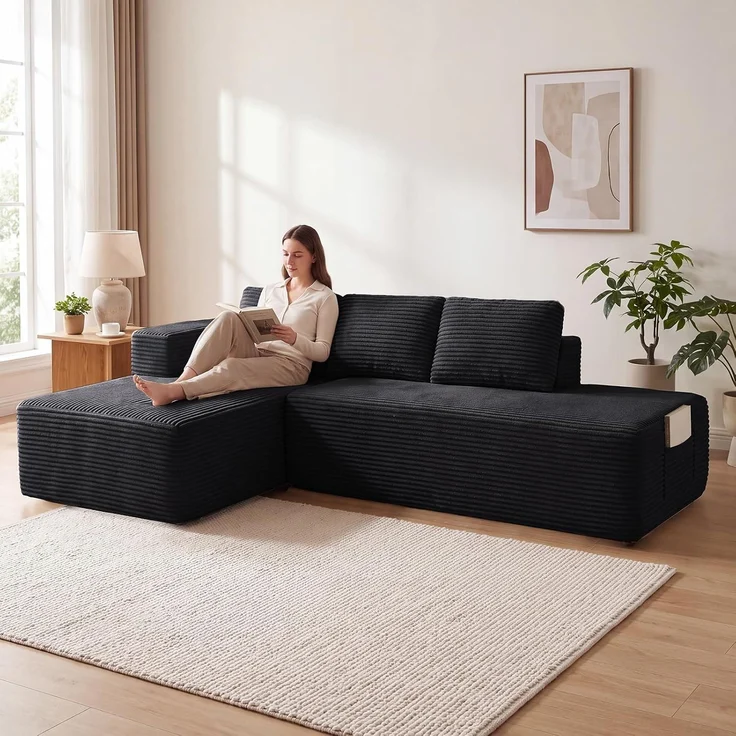 COMHOMA Ecksofa mit Schlaffunktion, 228cm Corduroy Modulares Boneless Couch mit Chaiselongue & Rücken-Metallgestell, L-Form Schlafsofa mit offenem Design, Kissen & Seitentaschen,für Wohnzimmer,Schwarz-R – Bild 4