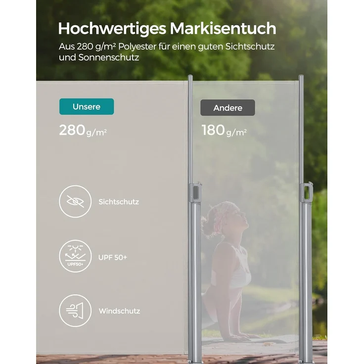 Songmics Seitenmarkise Aluminium, Einziehbar, 180x400 cm, Sichtschutz, Sonnenschutz, Blickdicht, Windschutz, für Balkon, Terrasse, Garten, Beige, GSA184E01 – Bild 4
