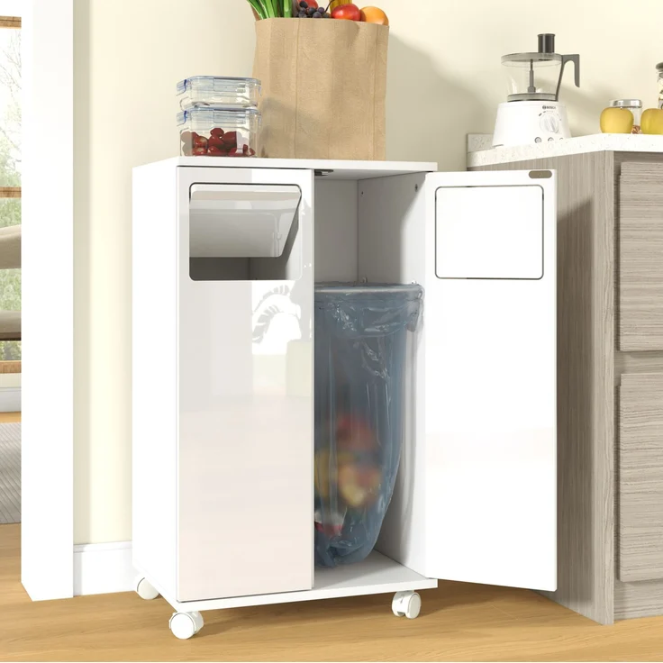 Mülltrennschrank 46,7 x 35 x 80,3 cm in Hochglanz-Weiß mit 2 Fächern und feststellbaren Rollen – Bild 3