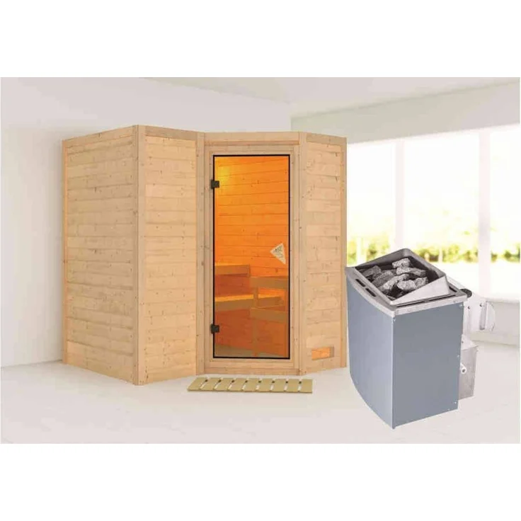 Karibu Sauna Sahib 1 + 9kW Saunaofen mit integr. Steuerung Klarglas Ganzglastür – Bild 5
