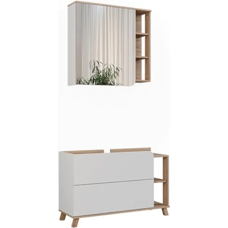 Vichy Badmöbel-Set Karen, 2-teilig, Waschbeckenunterschrank und Spiegelschrank, Sonoma/Weiß, hochwertige Verarbeitung