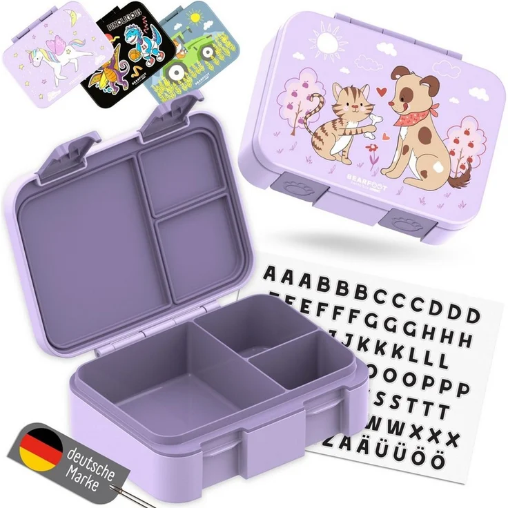 BEARFOOT Lunchbox Brotdose mit Fächern,auslaufsicher - Hund & Katze lila 650ml, PP, ABS, Silikon, Kindergarten und Schule - Mädchen und Jungen, Vesperbox, Snackbox – Bild 5