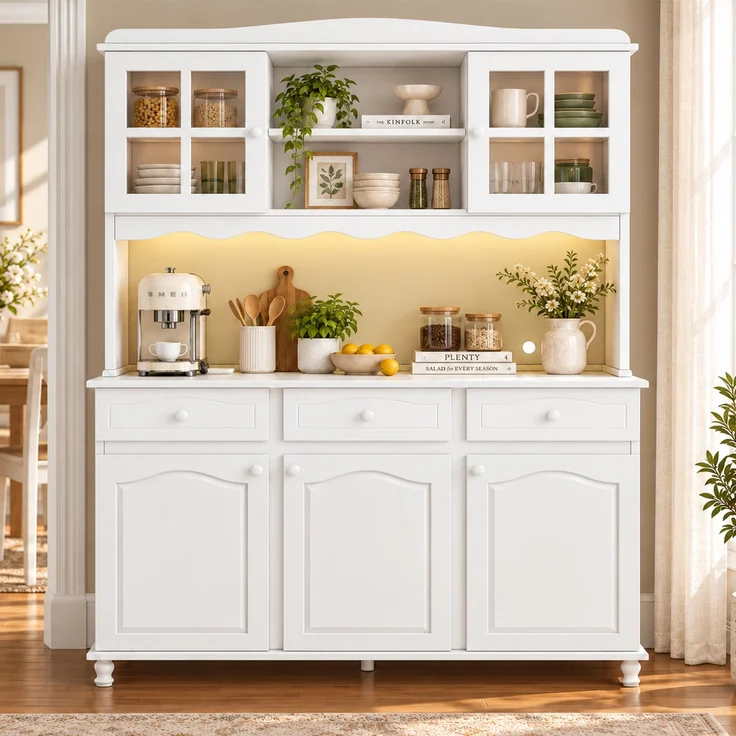 Küchenbuffet 135x40x185 cm in Weiß mit LED, Steckdosen und verstellbaren Böden – Bild 4