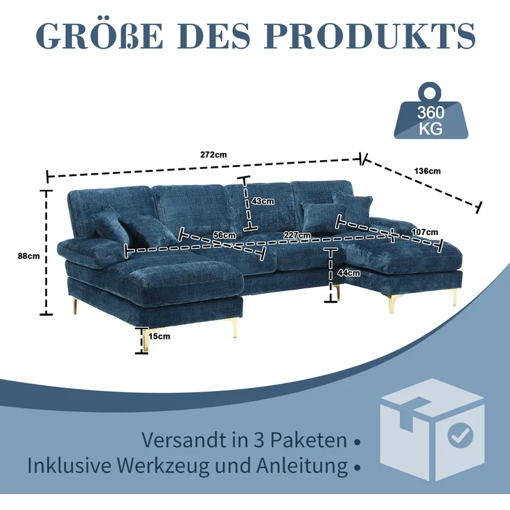 LVHOM Loungesofa 272x136x88 cm, 4-6 Personen, 6-Sitzer Chenille U-Shape Sektionssofa/Modulares Sofaset/Schlafsofa/Ecksofa/Relaxliege – Bild 2