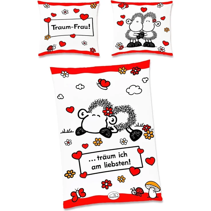 JACK Partnerbettwäsche JACK Renforcé Bettwäsche sheepworld Traum Mann & Frau 135x200cm 4 tlg, Renforcé, 4 teilig, Partner-Wendebettwäsche mit witzigem Schaf und Herzen, Reißverschluss – Bild 4