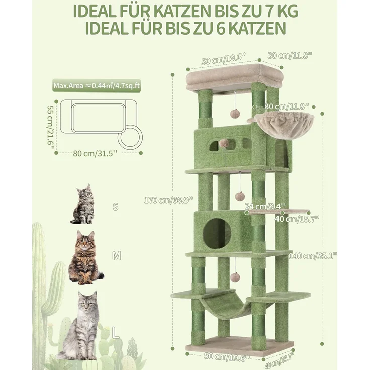 Kratzbaum groß, 170 cm hoch, Katzenbaum, mit 8 Kratzbäume, 2 Höhlen, groß Plattformen, Waschbare Matte, Hängematte, Plüschbälle, mehrstöckiger katzenkratzbaum, Grün Braun – Bild 9