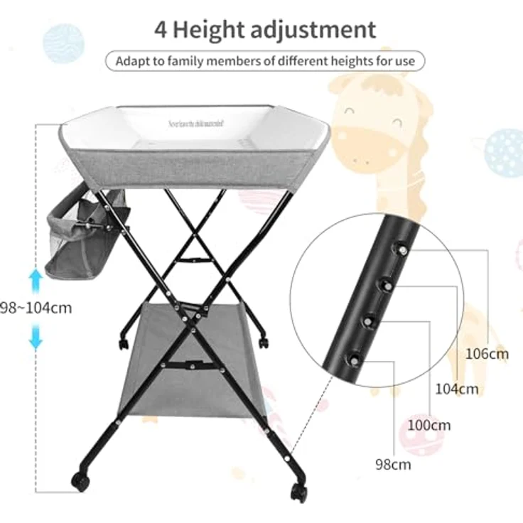 Wickeltisch Faltbar und Tragbar 3 in 1, max. Belastung 25 kg für neue, Wickeltisch mit Aufbewahrungskorb, Sicherheitsgurt und 4 Rollen mit Bremse, höhenverstellbar, 86 * 62 * 96 cm-grau – Bild 8
