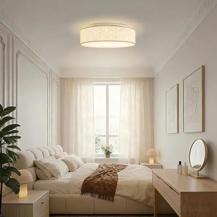 Zedelmaier Deckenlampe Stoff Rund 50cm E27x3 max. 40W Deckenleuchte Stoffschirm Wohnzimmer Schlafzimmer Küche Flur Kinderzimmer Lampe Decke Lampenschirm (Weiße Würfel,Ø50x13cm) – Bild 8
