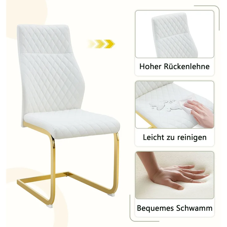 Esszimmerstuhl im Rautenmuster, PU-Lederoptik mit Metallgestell, H 100 x T 43 x B 63 cm, Weiß/Gold, 2er-Set – Bild 7