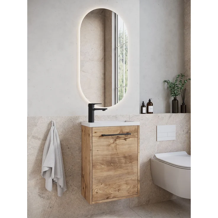 Gäste-WC Waschtisch Set Florence 40 x 22 cm – Kastanie Eiche – Waschbeckenunterschrank mit 1 Tür und Soft-Close – Bild 2