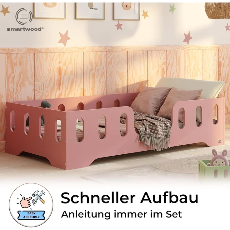 smartwood Kinderbett Bodenbett 140x180 mit Rausfallschutz & Lattenrost - Rosa - Kinder Montessori Bett TILA 2 mit glatten Kanten - Betten für schnelle Montage - Bis 300 kg belastbar – Bild 4