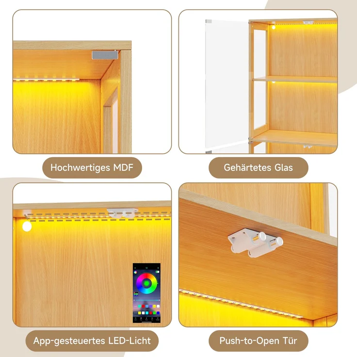 Flieks LED-Vitrinenschrank 80 x 35 x 170 cm mit 4 Glastüren, 4 Ablagen und App-Steuerung, Naturholzfarbe – Bild 5