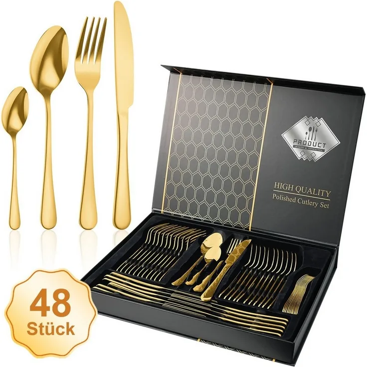 Simloveve Besteck-Set 48 teilig Besteck Set für 12 Personen, Besteckset mit Gehämmert Griff, Edelstahl, Essbesteck Set inkl Messer, Gabel, Löffel, Spülmaschinenfest, Rostfrei