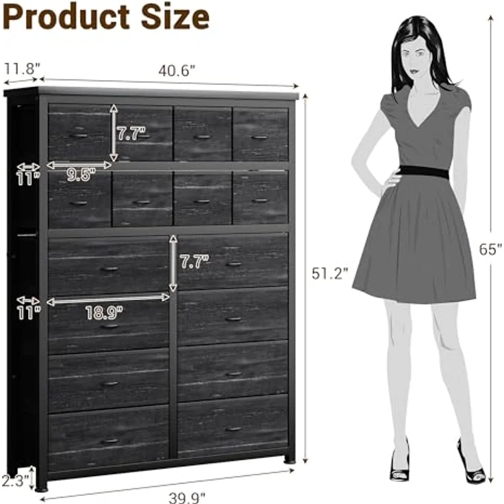 GarveeHome Hohe Kommode Mit 16 Stoffschubladen, Großzügiger Kleiderschrank Mit Metallgestell, Für Schlafzimmer Und Wohnzimmer, 103 x 30 x 130 cm – Bild 2