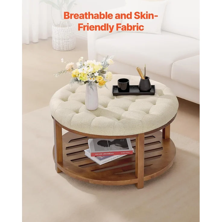 VEVOR runder großer Couchtisch (810 x 810 x 476 mm) mit Ablagefläche aus Massivholz, massiv gepolsterte Ottomane mit Fußstütze aus Leinen für Schlafzimmer Wohnzimmer, 158,76 kg, Leinenfarbe – Bild 8