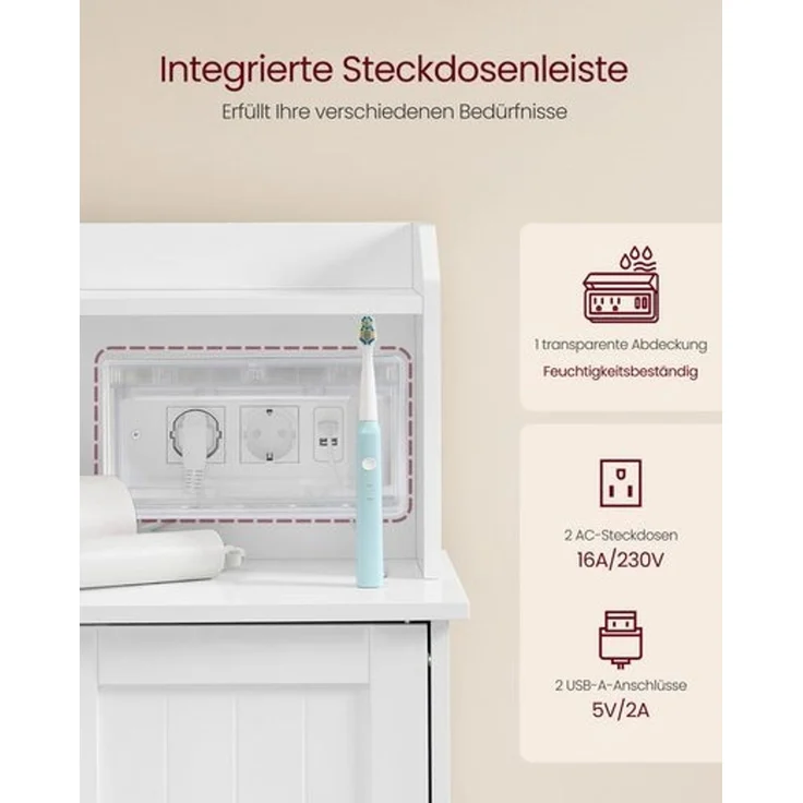 VASAGLE Badezimmerschrank, Badschrank, stehend, mit Tür, Steckdosenleiste, Schubladen, Schrank für Toilettenpapier, Toilettenschrank, verstellbare Ablagen, 30 x 60 x 100 cm, wolkenweiß BBC775W03 – Bild 2