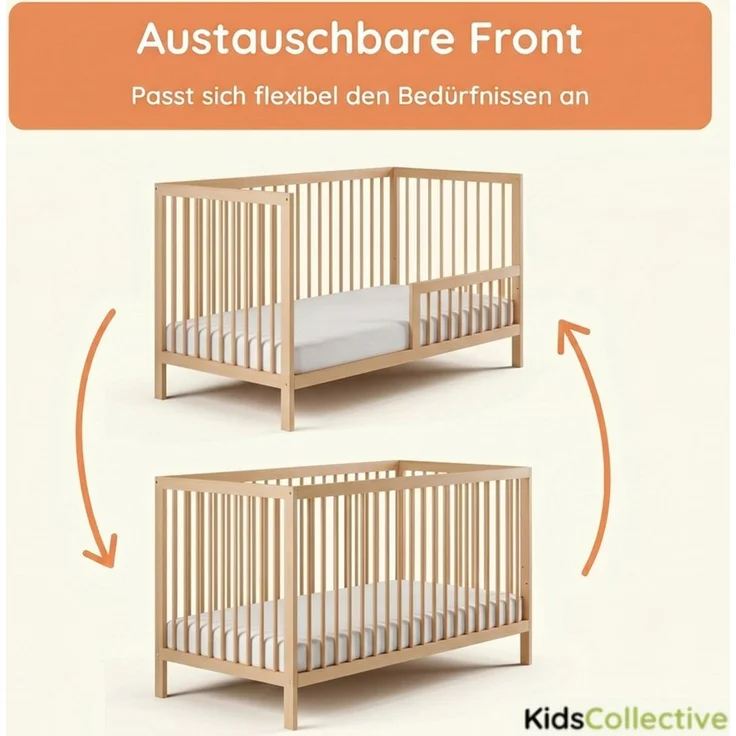 Kids Collective Babybett Kinderbett Gitterbett Baby Bett mit Rausfallschutz 60x120 70x140, stabiles Buchenholz, made in Europe 60x120 cm Natur – Bild 4