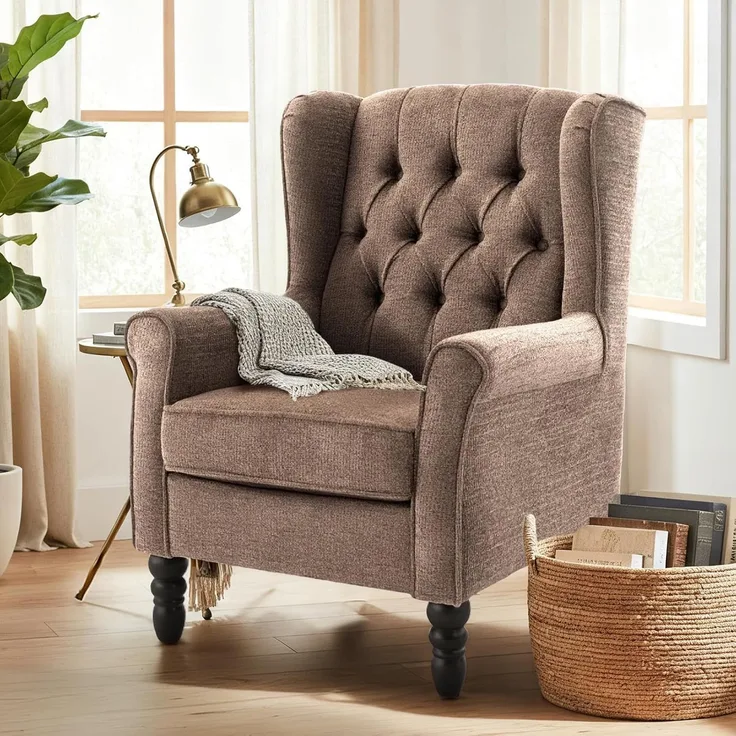 COLAMY Mid-Century Modern Sessel Wohnzimmer, Gepolsterter Wingback-Sessel mit Knopfsteppung, loungesessel Bezug aus Gewebe mit Massivholzbeinen für Wohnzimmer, Büro, Café - Braun
