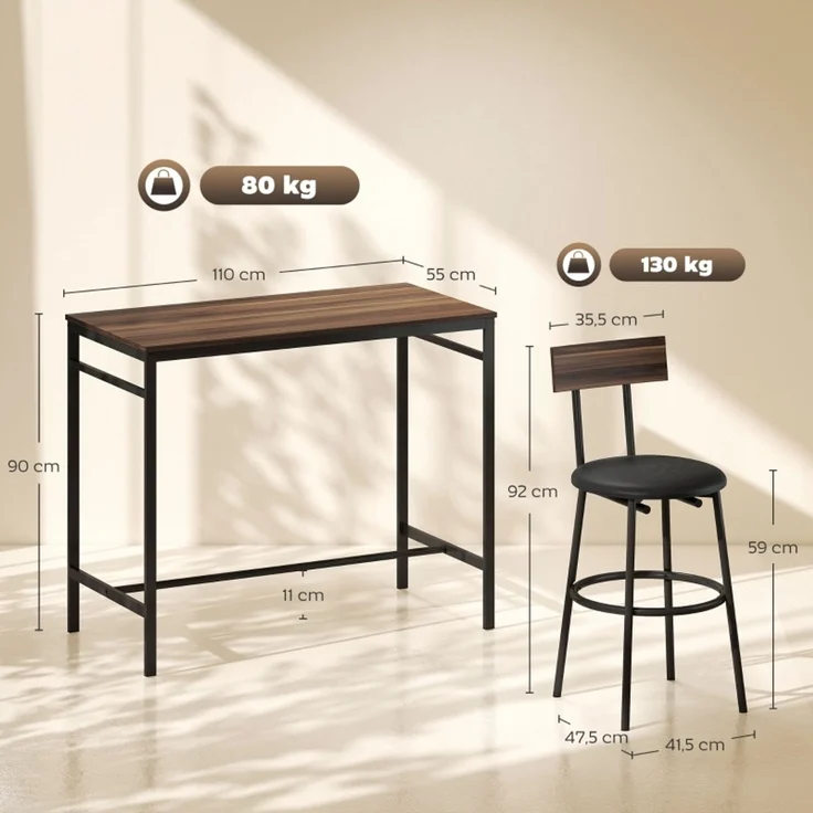 Bartisch-Set 110x55x90 cm in Braun mit 4 gepolsterten Kunstleder-Barhockern – Bild 5
