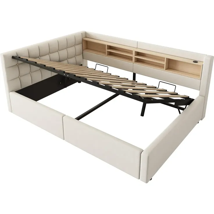Polsterbett mit LED-Streifen, Lattenrost, Regal, Aufbewahrung, Type-C und USB, gepolsterter Kopfteil, 140x200 cm, Schlafsofa, Tagesbett, Leinen – Bild 7