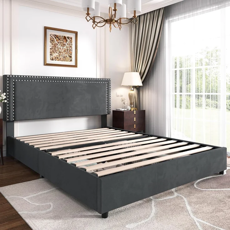 VECELO Polsterbett 140x200 cm Doppelbett mit 4 Schubladen und Höhenverstellbarem Kopfteil, Bettrahmen mit Lattenrost, Gepolstertes Bettgestell, Kein Boxspring erforderlich, Samt, Ohne Matratze, Grau – Bild 6