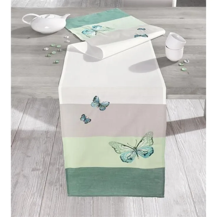 Tischläufer "Butterfly" in weiß / beige / grün, 40x160 cm