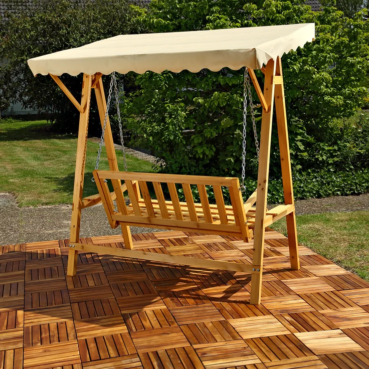 Hollywoodschaukel Natur/Beige Holz Gartenbank Outdoormöbel Hängeliege Sonnendach – Bild 3