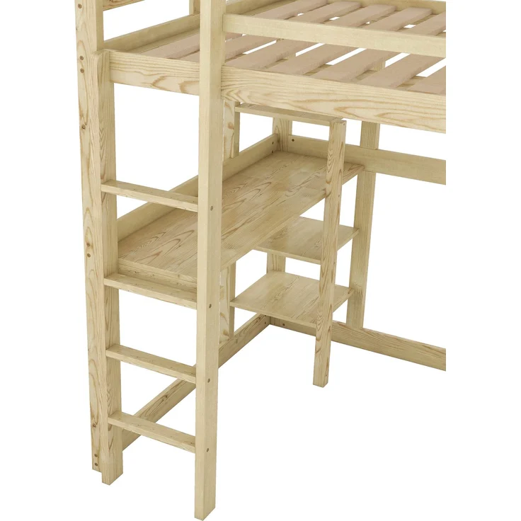 Hochbett 140x200 cm mit Schreibtisch und 4 Ablagefächern, Kinderbett Doppelbett aus massivem Kiefernholz,mit Stauraum,Natur – Bild 9