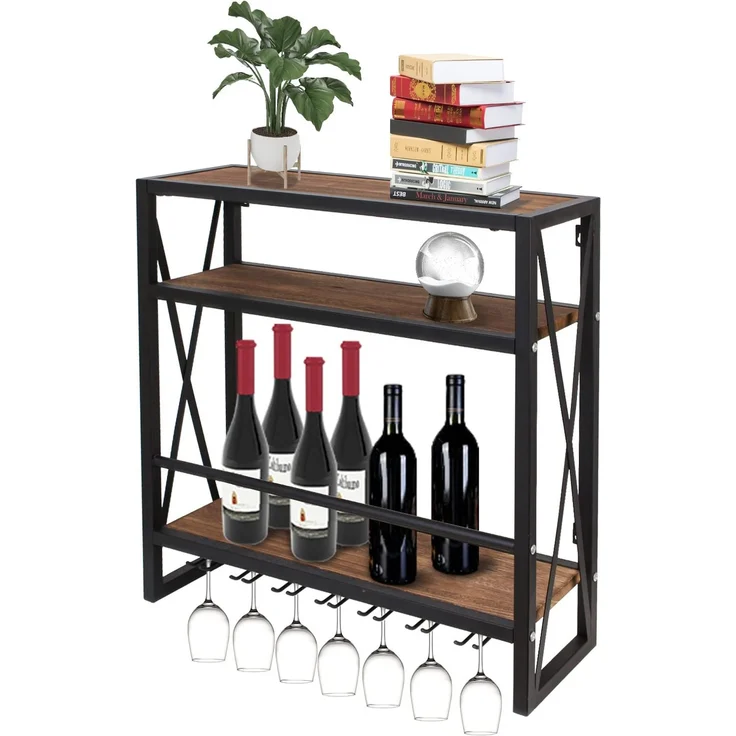 Todeco Weinregal Wandmontiert mit Glashalter Holz Metall Flaschenregal mit 3 Ebenen für 12 Flaschen Wein Weinständer mit Tassenablageregal geeignet für Küche maximale Belastbarkeit 50 kg, 60*20*62 cm – Bild 4