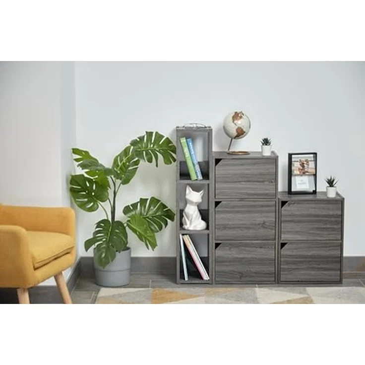 Iris Ohyama, Bücherregal, 3-stufiges Regal, 14 cm breite verstellbare Regale, Stabil, Industriell, Waschküche, Wohnzimmer, Eingangsbereich, Schlafzimmer, Büro - Open Wood Rack OWR-200- Eiche Grau – Bild 4
