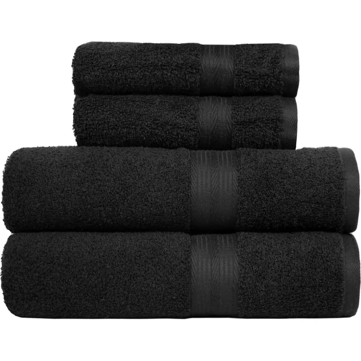 Amazon Basics Badetuch Handtuch-Set, Ausbleichsicher, 2 Badetücher und 2 Handtücher, 100% Baumwolle 500g/m², 4 Stück, Schwarz,140 x 70 cm & 100 x 50 cm