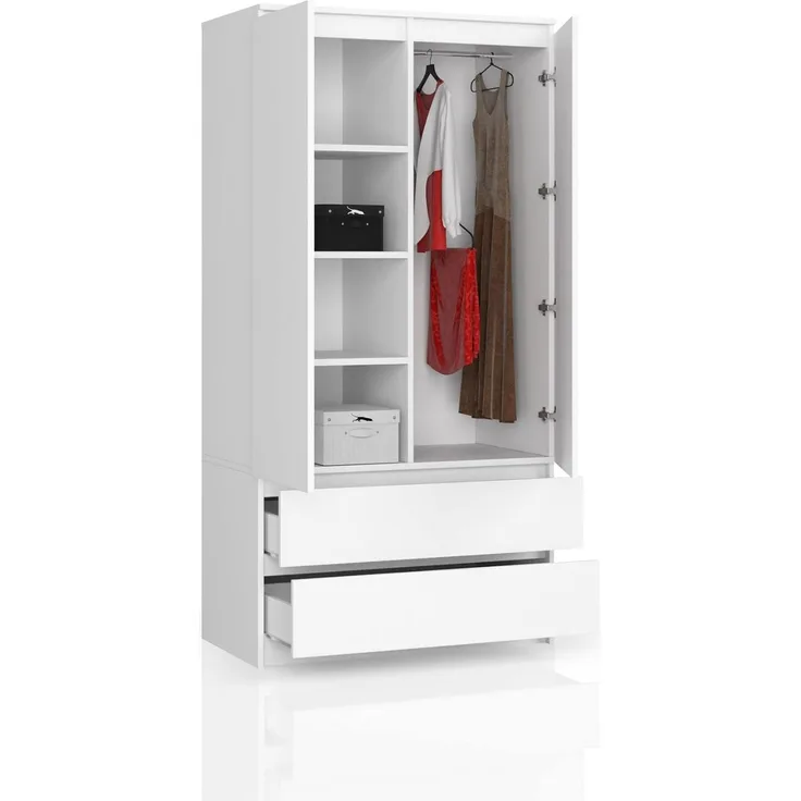 BDW Kleiderschrank 2 Türen, 4 Einlegeböden, Kleiderbügel, 2 Schubladen Kleiderschrank für das Schlafzimmer Wohnzimmer Diele 180 x 90 x 51 cm (Weiß)
