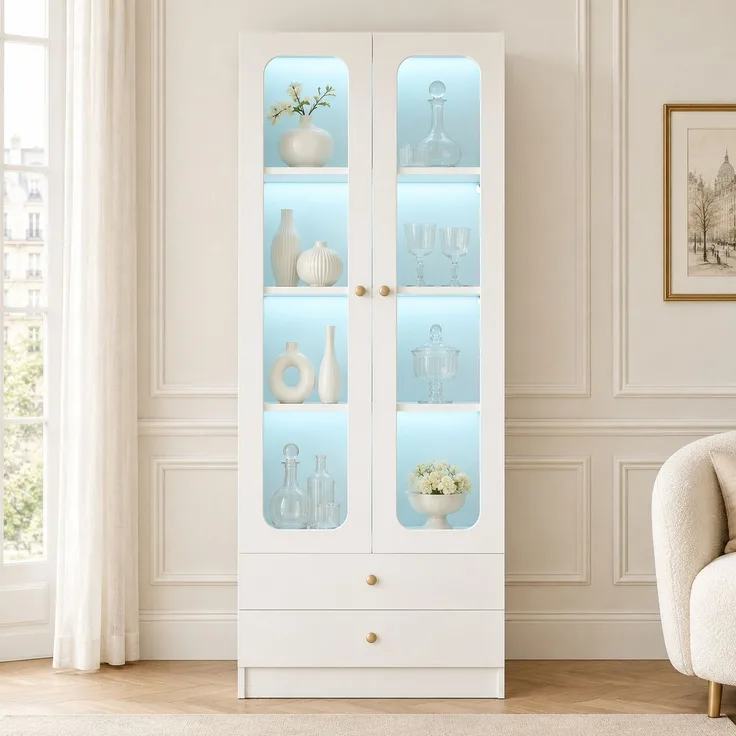 Vitrine 60 x 35 x 170 cm aus MDF und Glas, weiß, mit LED-Beleuchtung und 2 Schubladen