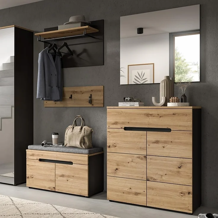 Lomadox Garderoben-Set CORTONA-158, (Spar-Set, 2-St, Schuhkommode Spiegel), Garderobenmöbel Flurmöbel Flurschrank modern in Eiche mit grau – Bild 6
