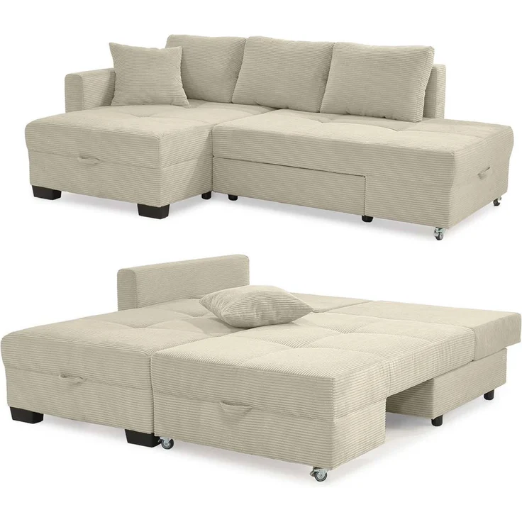 Ecksofa Schwenkfunktion Doppelbett Schlafcouch Bettkasten Cordbezug Beige Grau – Bild 9