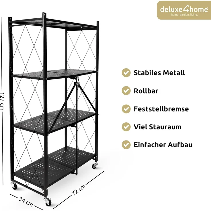 deluxe4home Mehrzweckregal Klappregal rollbar in schwarz I Rollregal klappbar Küchenregal, Faltregal mit Rollen – Bild 2