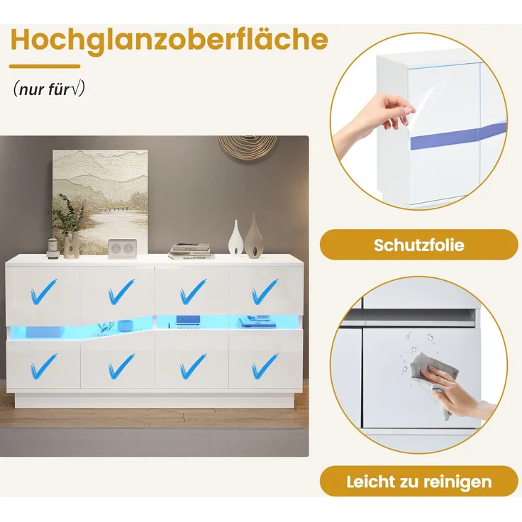 ZUBALIYA Sideboard 140x35x70 cm, mit LED-Beleuchtung, Hochglanz, mit 4 Türen, aus Spanplatte, Weiß – Bild 7