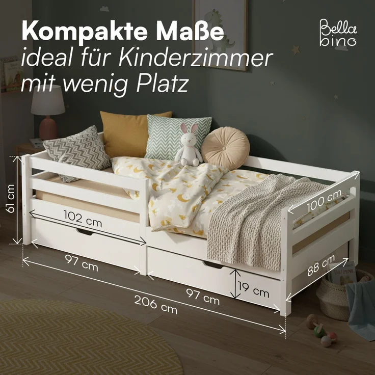 Bellabino 'Iskri' Kinderbett 90x200 cm mit 2 Schubladen inkl. Matratze, weiß, Massivholz Kiefer, Jugendbett mit Rausfallschutz und Lattenrost – Bild 9